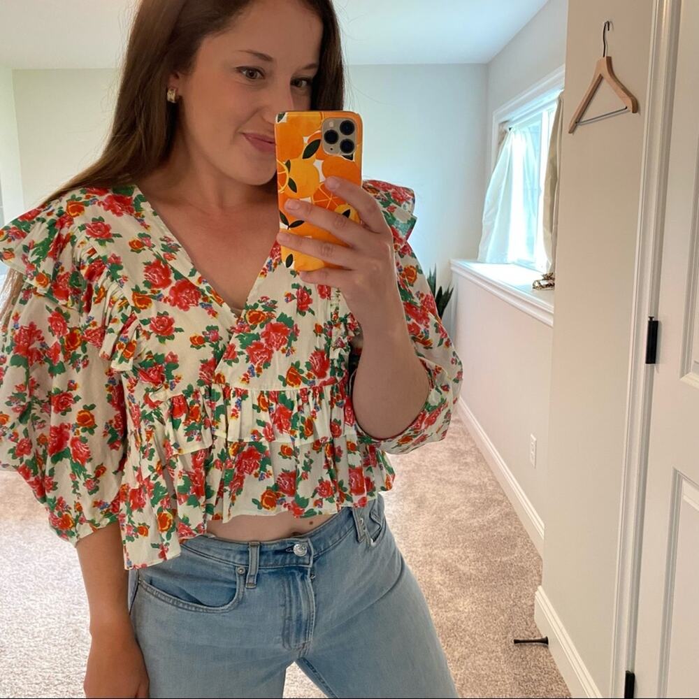 Rhode Resort White Pink Red Floral Dazzle Elodie Crop Blouse Top Medium M - Picture 6 of 15